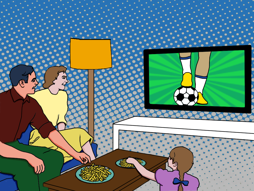 Um homem, sua mulher e filha assistem futebol na televisão da sala.